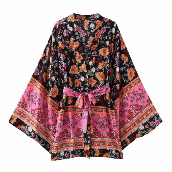 Rayon Watermark Flower Belt Kimono Jacket Nham415245