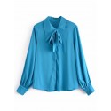 Peacock Blue Matte Longsleeved Bow Shirt Nham415273