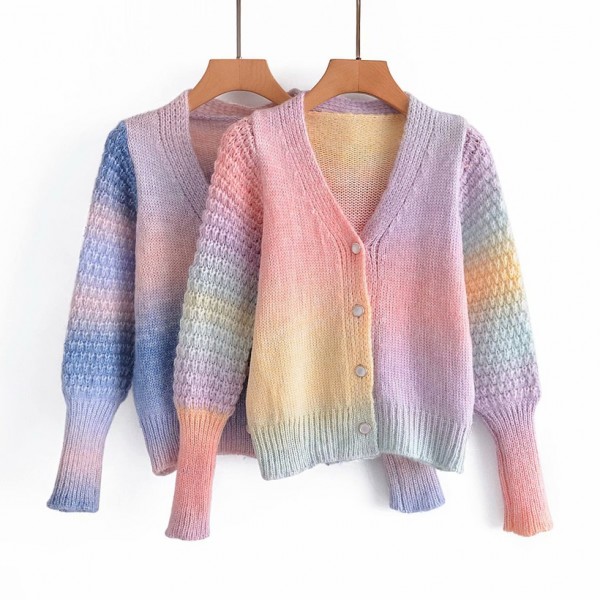 Retro Rainbow Blooming Singlebreasted Twist Longsleeved Knitted Sweater Nham415275