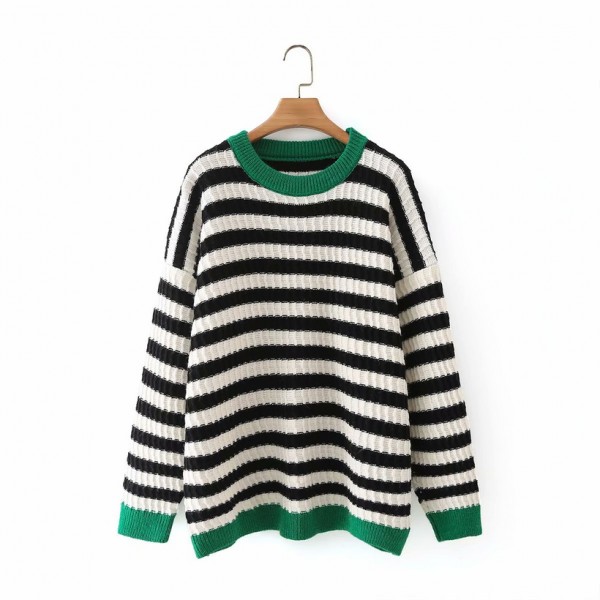  Green Color Matching Striped Round Neck Loose Sweater Nham415303