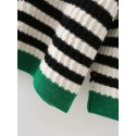  Green Color Matching Striped Round Neck Loose Sweater Nham415303