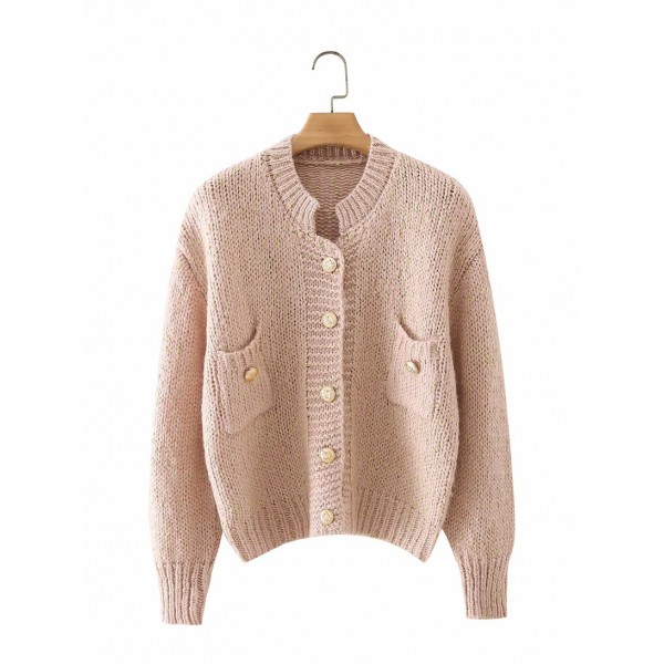 Fashion Gold Silk Dot Pocket Knitted Sweater Coat Nham415309