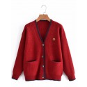 Color Matching Vneck Bear Embroidery Knitted Cardigan Nham415316