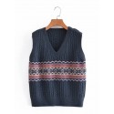 Retro Contrast Pattern Vneck Pullover Knitted Vest Nham415320