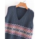 Retro Contrast Pattern Vneck Pullover Knitted Vest Nham415320