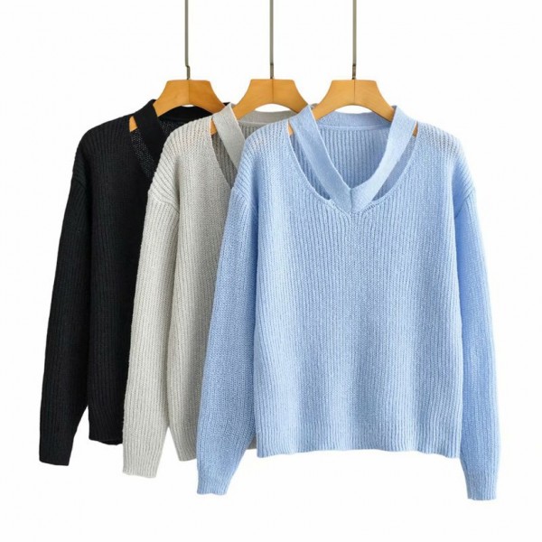 Fashion Vneck Hollow Pullover Knitted Sweater Nham415329