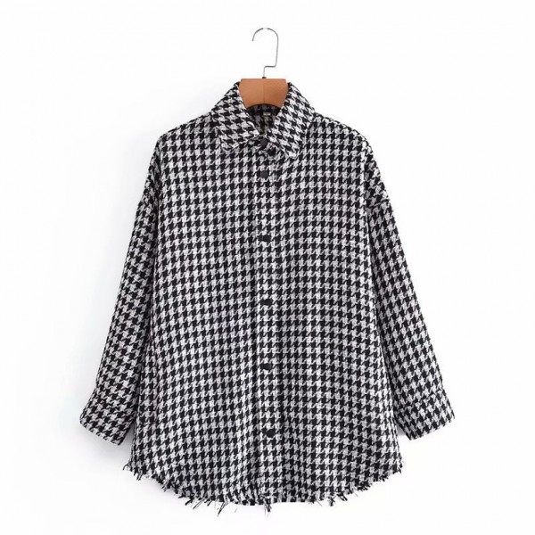 Houndstooth Hem Raw Edge Lapel Singlebreasted Shirt Nham415334