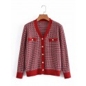 Retro Pearl Button Vneck Color Matching Knitted Cardigan Nham415341