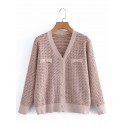 Retro Pearl Button Vneck Color Matching Knitted Cardigan Nham415341