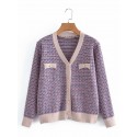 Retro Pearl Button Vneck Color Matching Knitted Cardigan Nham415341