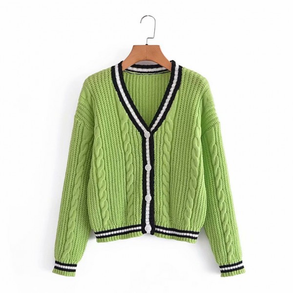 College Style Contrast Color Knitted Cardigan Nham415343