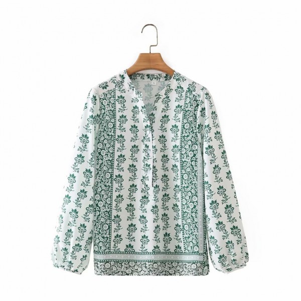 Autumn Green Flower Printed Casual Shirt Nham415361