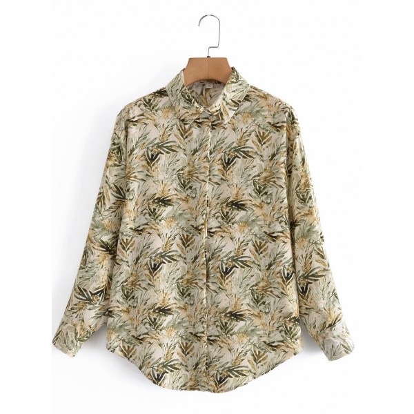 Leaf Print Buttoned Longsleeved Lapel Shirt Nham415383