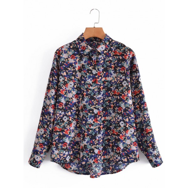 Retro Floral Print Lapel Long Sleeve Shirt Nham415397