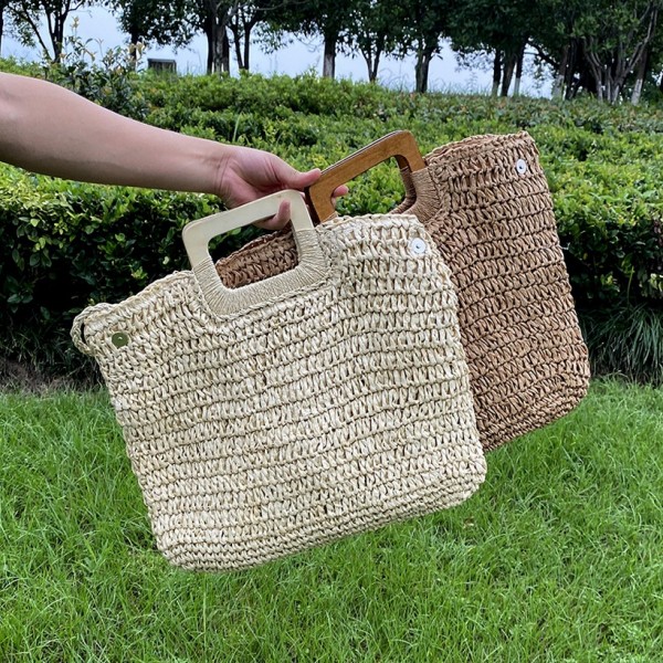 New Wooden Handle Portable Woven Straw Bag  Nhgo409568