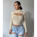 Longsleeved Offnavel Laceup Knitted Top  Nhis413022