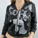 Portrait Print Hooded Zipper Sweater  Nhis413035