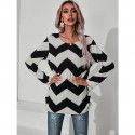 Round Neck Corrugated Black White Longsleeved Top  Nhis413041