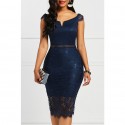 Solid Color Shortsleeved Vneck Strapless Lace Dress  Nhis413173