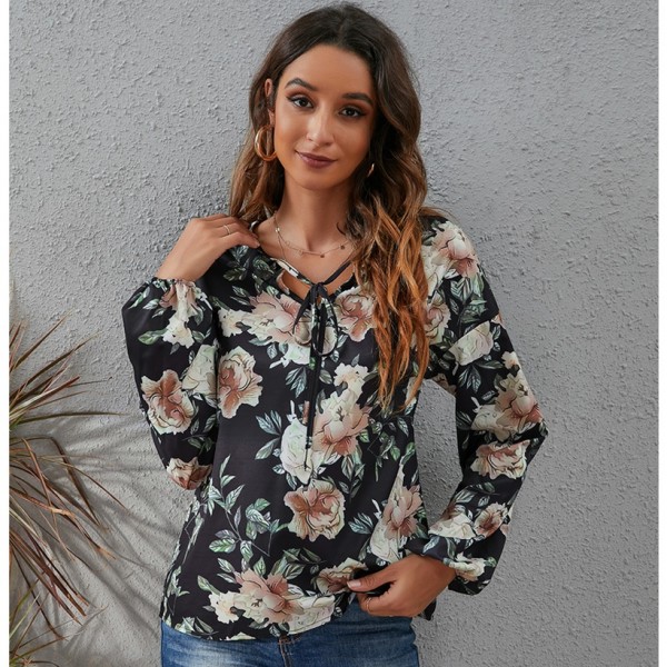 Flower Printed Laceup Longsleeved Top  Nhis413196