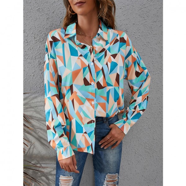 Hit Color Geometric Printed Longsleeved Shirt  Nhis413197