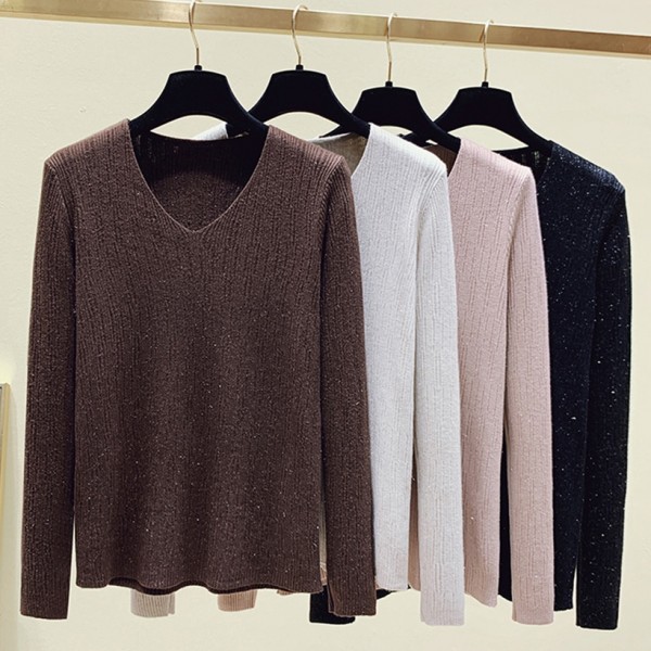 Simple Solid Color Vneck Longsleeved Sweater Nhis414759