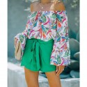 Color Plant Printed Offshoulder Flared Sleeves Blouse  Nhjg413036