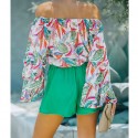 Color Plant Printed Offshoulder Flared Sleeves Blouse  Nhjg413036