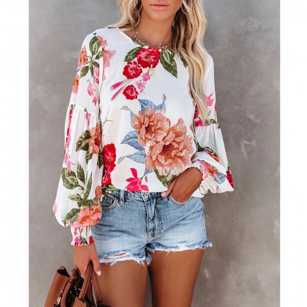 Flower Printed Lantern Sleeve Top  Nhjg413037