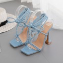 Denim Highheeled Laceup Square Toe Sandals Nhso397127