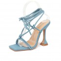 Denim Highheeled Laceup Square Toe Sandals Nhso397127