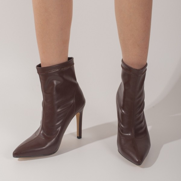 Pointed Toe Plain Stiletto Brown Short Boots Nhso401667