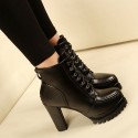 Laceup Thick Highheeled Short Black Leather Boots Nhso401676