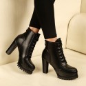 Laceup Thick Highheeled Short Black Leather Boots Nhso401676