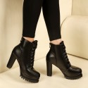 Laceup Thick Highheeled Short Black Leather Boots Nhso401676