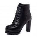 Laceup Thick Highheeled Short Black Leather Boots Nhso401676