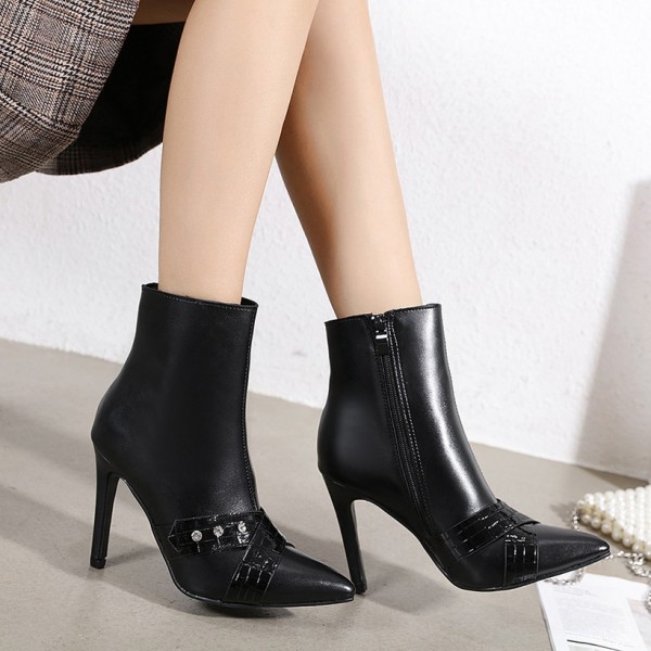 Pointed Toe Rhinestone Side Zipper Short Boots Nhso405461