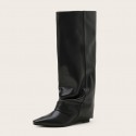 Square Toe Wedge Heel High Patent Leather Boots Nhso405462