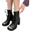 Thick Highheeled Round Toe Metal Piece Short Boots Nhso405467