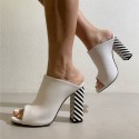 Simple White Striped Thick Highheeled Sandals Nhso410159