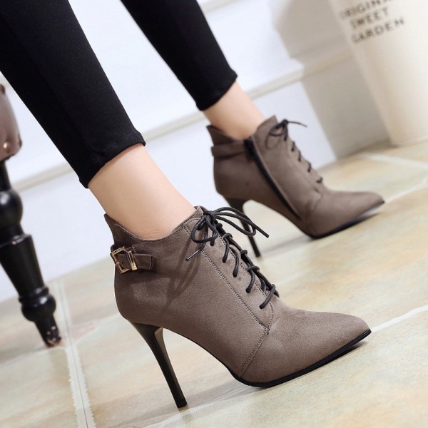 Vintage Pointed Toe Suede Laceup Side Zipper Ankle Boots Nhso410163