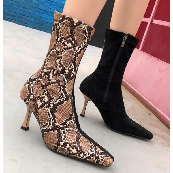 Snake Pattern Suede Stitching Highheeled Boots Nhso410441