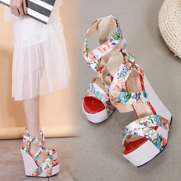 Vintage Color Matching Floral Wedge High Heel Cross Buckle Sandals Nhso410446