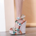 Vintage Color Matching Floral Wedge High Heel Cross Buckle Sandals Nhso410446