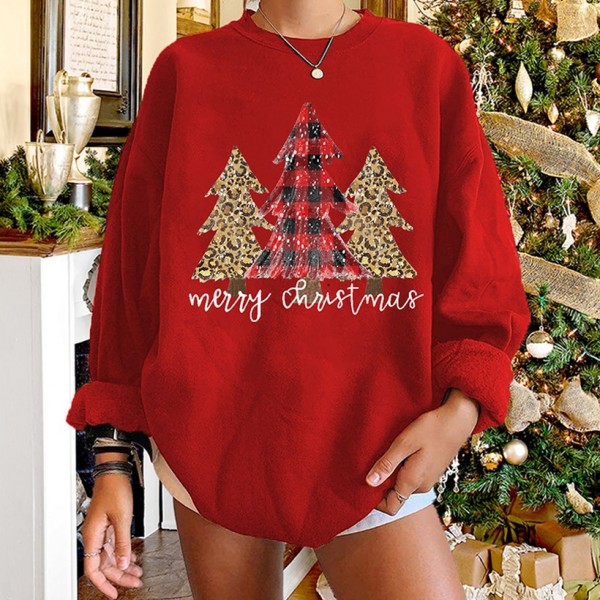 Christmas Tree Leopard Plaid Printed Round Neck Longsleeved Sweater  Nhwu413176