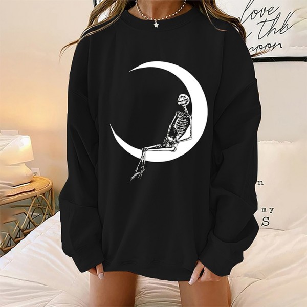 Halloween Skull Moon Printed Round Neck Longsleeved Sweater  Nhwu413180