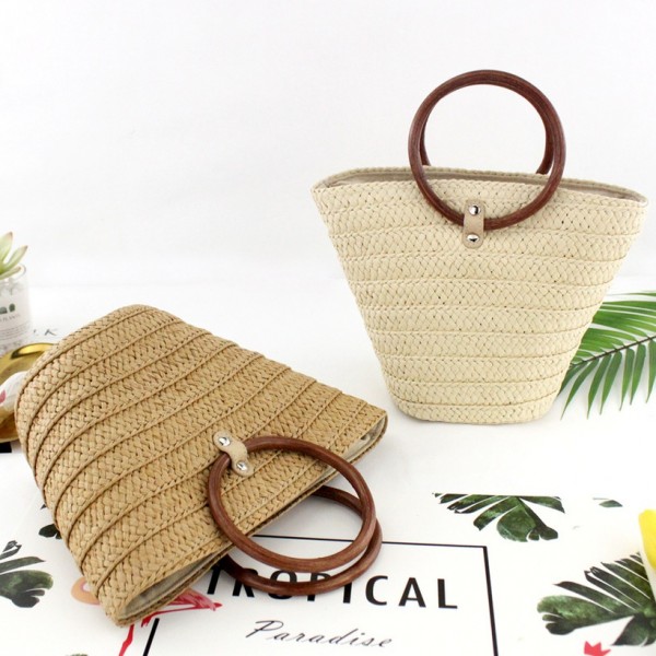 Vintage Circle Handle Straw Woven Bucket Handtie Bag Nhxm409047