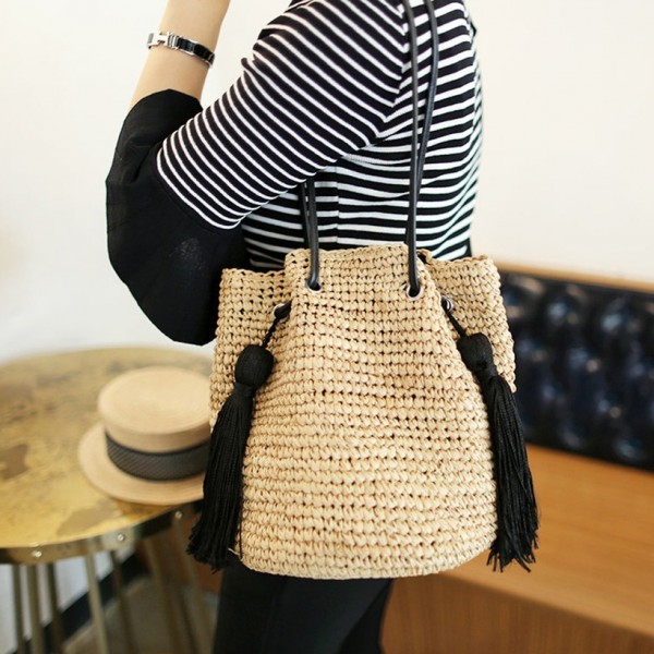 New Fashion Tassel Straw Woven Shoulder Bucket Bag Nhxm409048