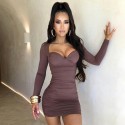 Solid Color Vneck Long Sleeve Slim Pleated Dress  Nhzn413018