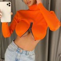 Sexy Solid Color Highneck Longsleeved Offnavel Top  Nhzn413021